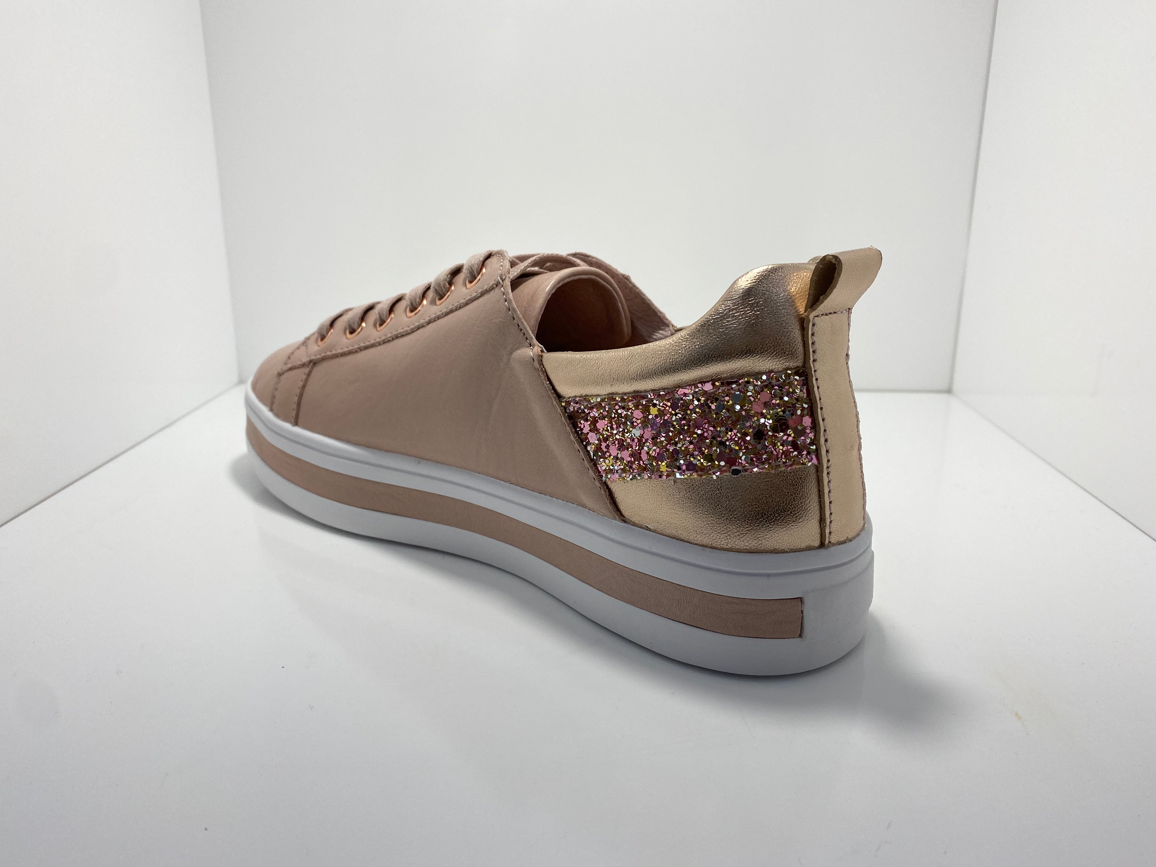 Piper Leather Sneaker with Rose Gold Trim Sparkle around the Heel A & E