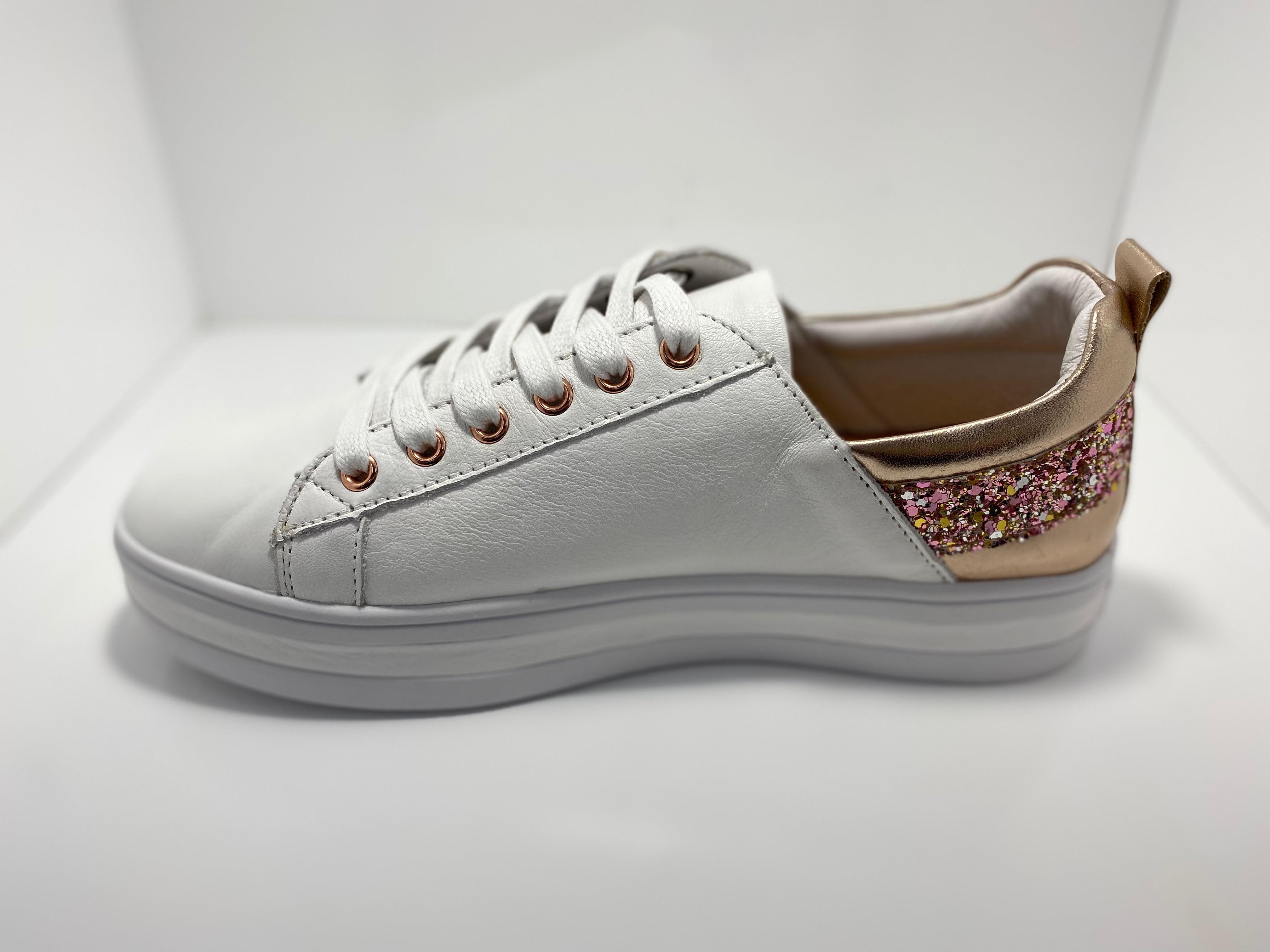 Piper Leather Sneaker with Rose Gold Trim Sparkle around the Heel A & E